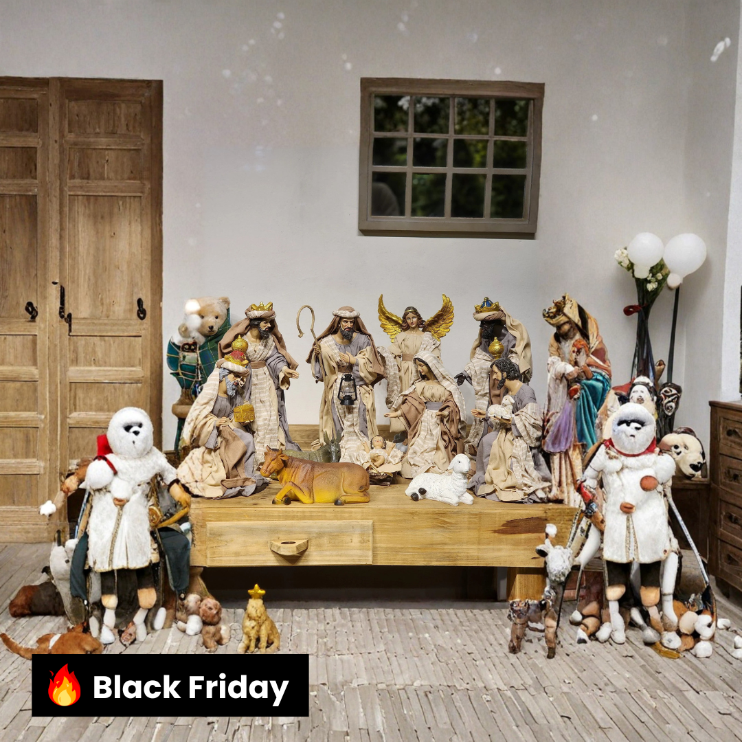 Presépio em Resina com Tecido Natural • 11 Peças • 40cm