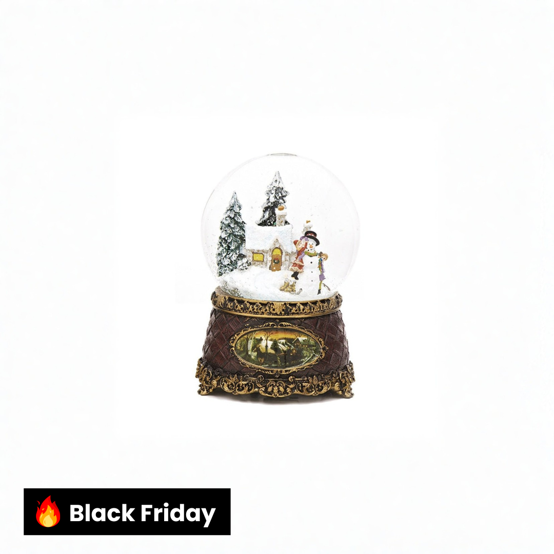 Globo de neve de Natal com boneco de neve vitoriano e crianças (musical)